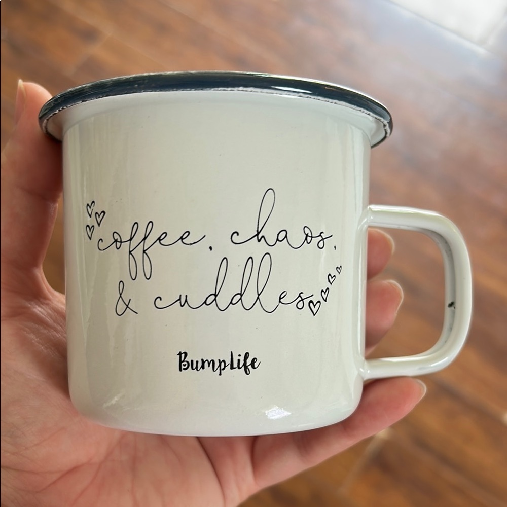 White Enamel Mug with Black Text